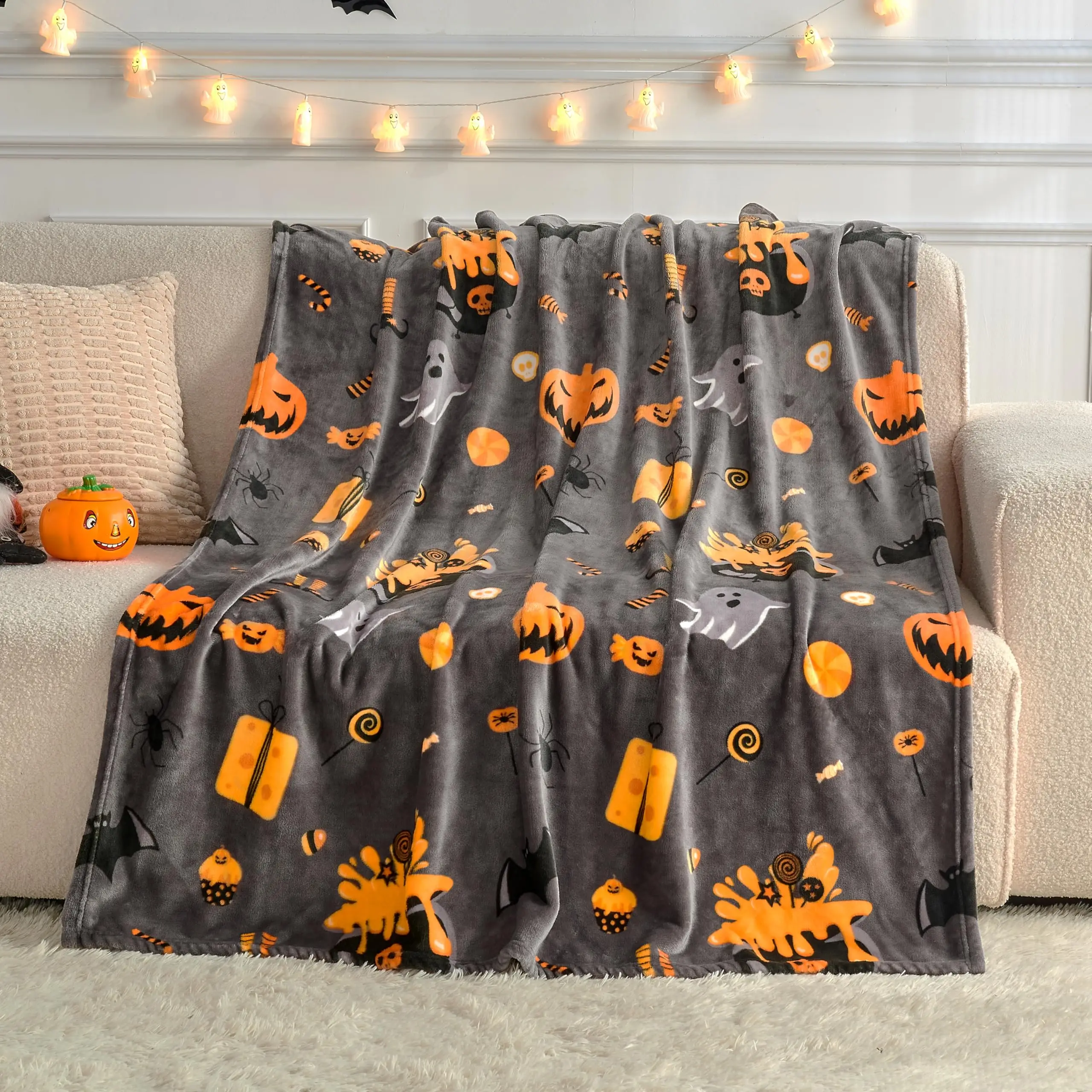 Edenleaf Halloween Blanket with Spooky Pumpkin Bat Ghost Spider Print, Soft Cozy Halloween Throw Blanket for Couch Bed Gifts Home Decoration, Fuzzy Warm Fleece Throws