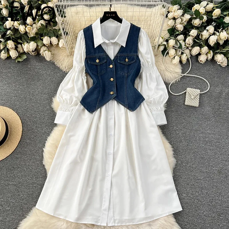 EWQ 2 Piece Sets For Women Fashion Lapel Collar Solid Single Breasted Versatile Dress＋denim V-neck Vest 2024 Autumn New 27X1153