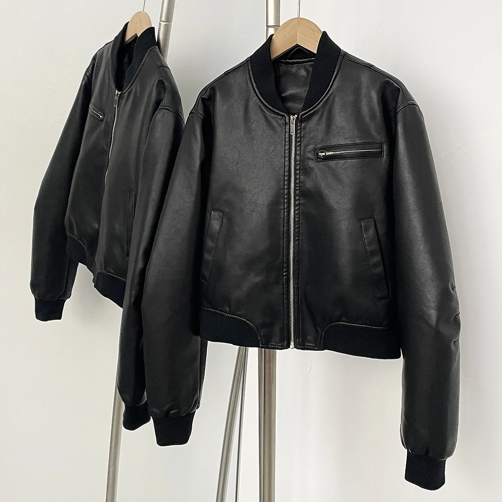 

Motorcycle Faux Leather Coat Autumn PU Jacket Spring New Women's American Retro Short Leather Jacket Casual Loose Fashion