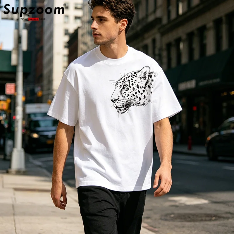 Supzoom 2026 New Arrival Top Fashion Knitted Cotton Casual Leopard Print T Shirt Tshirt Homme Hip Hop Short Sleeve O-neck
