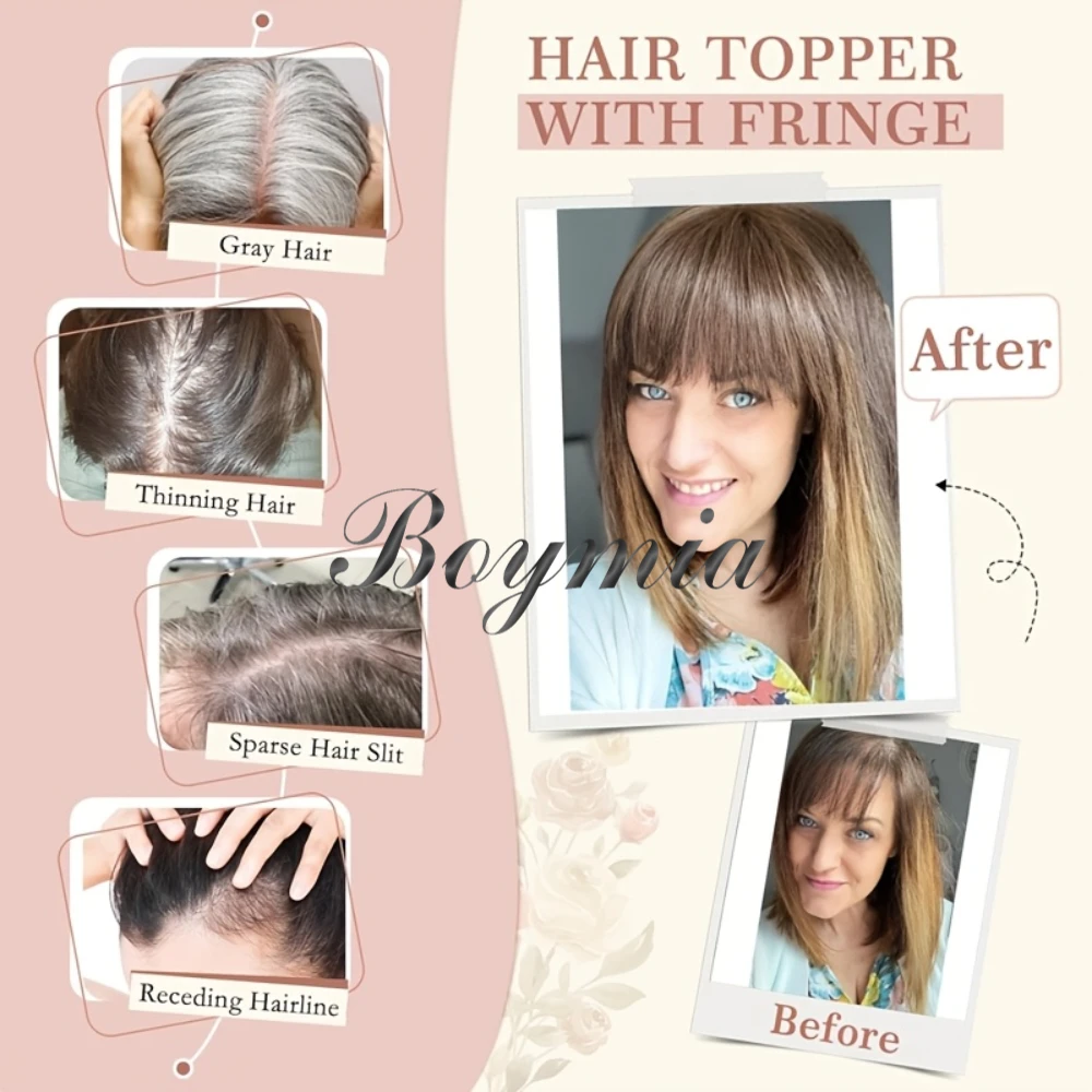 1.97*3.54inch  Women'S Real Human Hair Clip-In Hair Topper With Bangs |   Suitable For Blonde/White/Highlight Extensions, Invisible Bangs & Volume Boosting Topper For Thinning Hair Coverage, Straight Hair Extensions For Daily Use