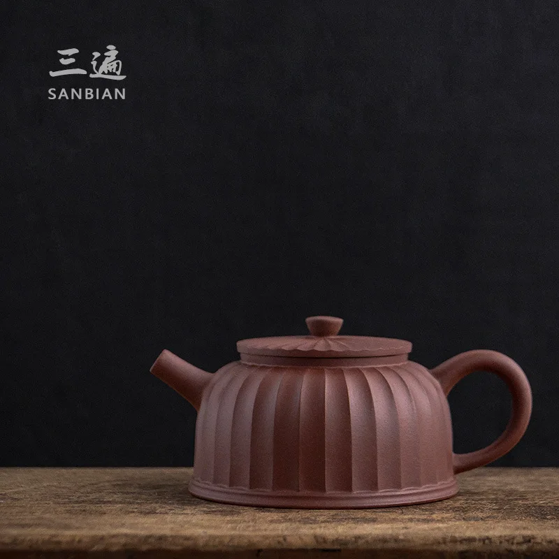 ★★Three Times Yixing Purple Clay Pot Famous Traditional Handmade Home Gongfu Teapot Raw Ore Purple Clay Rib Pattern Dezhong Teap