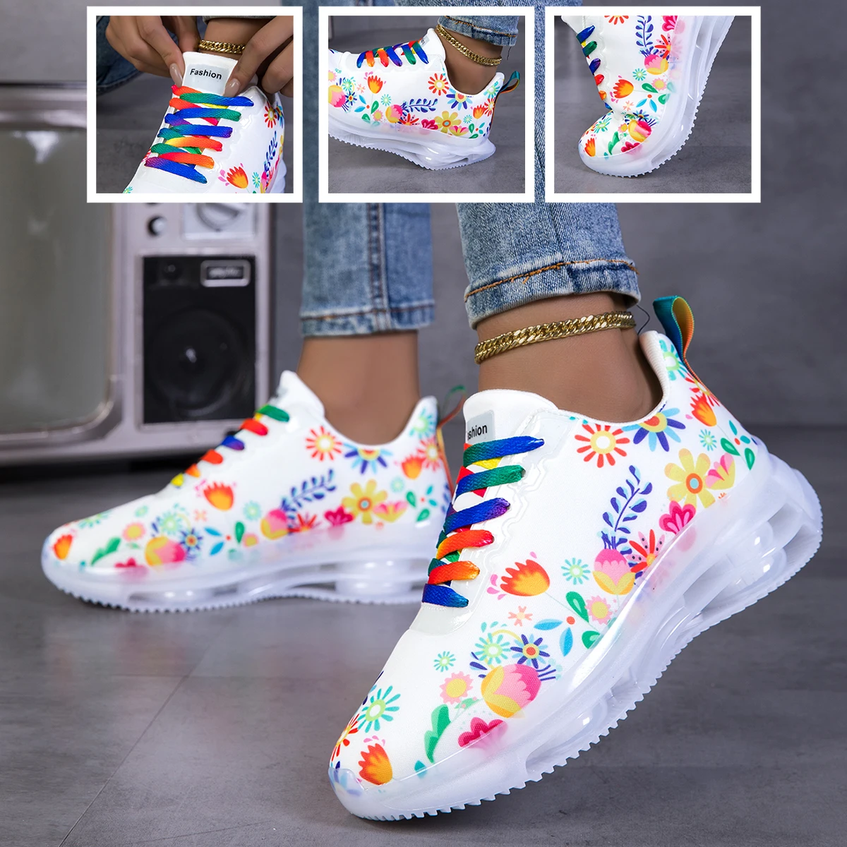 Women'S Fashion Gym Shoes - Women Floral Print Air Cushion Sneakers
