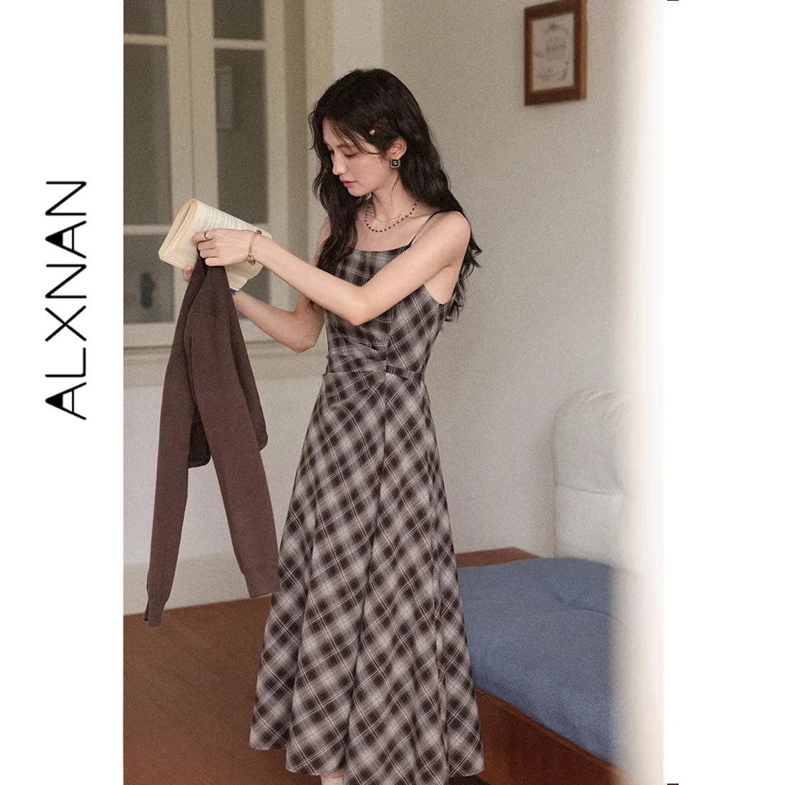 ALXNAN Plus Size Brown Knit Sweater Women 2026 Asymmetric Cutout Side Tie Embroidery Long Sleeve Pullover Top Female D12521SY