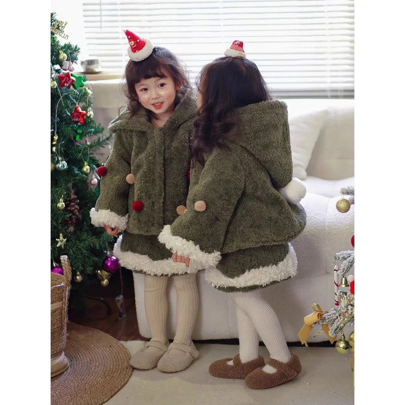 Korean Children's Clothing 2024 Autumn And Winter New Christmas Green Suit Atmosphere Christmas Tree Warm Quilted Jacket Skirt