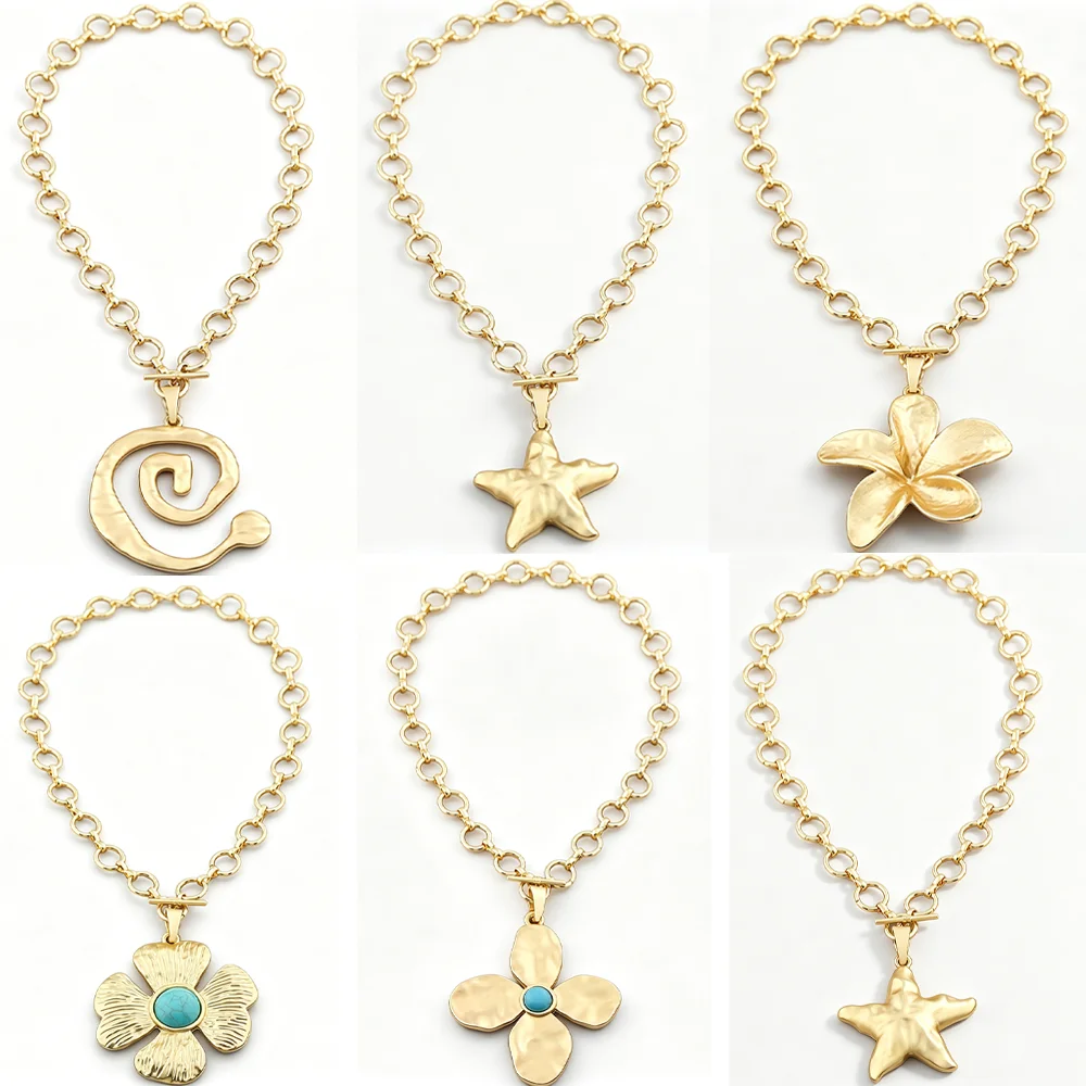 Boho Chunky 18 Inch O-T Gold Chain With Oversized Star/Angel Wings Pendant Necklace Jewelry, Elegant Jewelry Gift