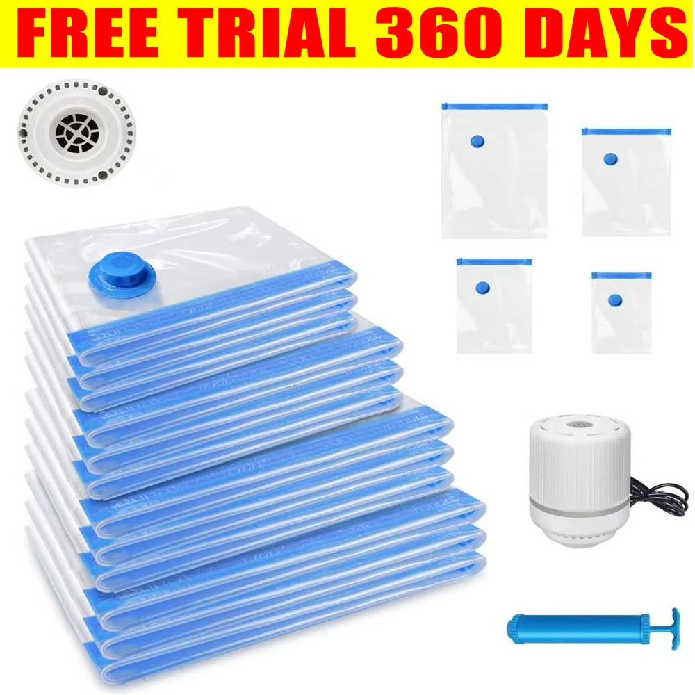 Vacuum Compression Storage Bags for Clothes 12-Pack with Electric Pump - Reusable Bags for Travel, Duvets & Seasonal Storage