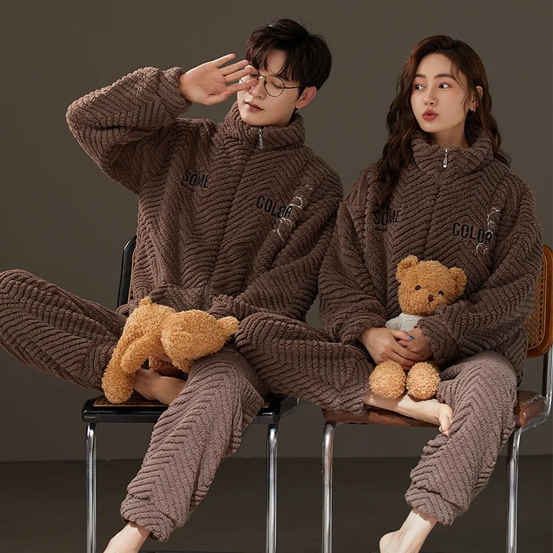 2023 Winter Couple Red Color Zipper Thick Warm Flannel Pajama Sets For Women Korean Loose Sleepwear Men Homewear Home Clothes