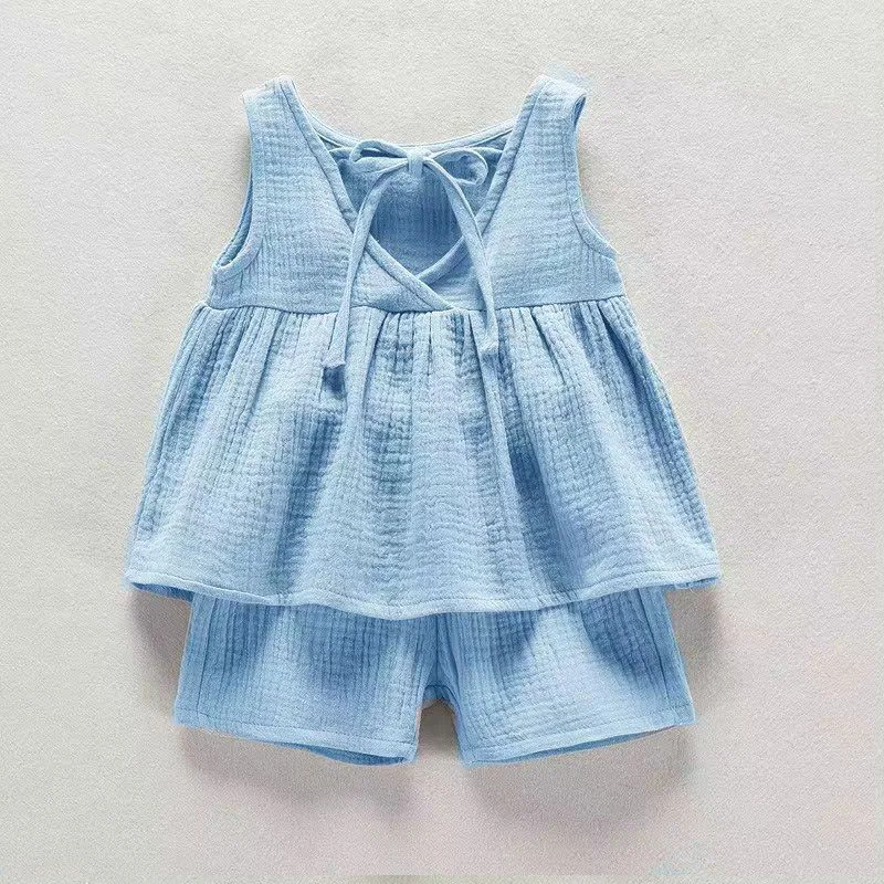 Girls Sleeveless Suit New Summer Korean Version of the Foreign Women's Treasure Undershirt Cotton Linen Undershirt Shorts Suit