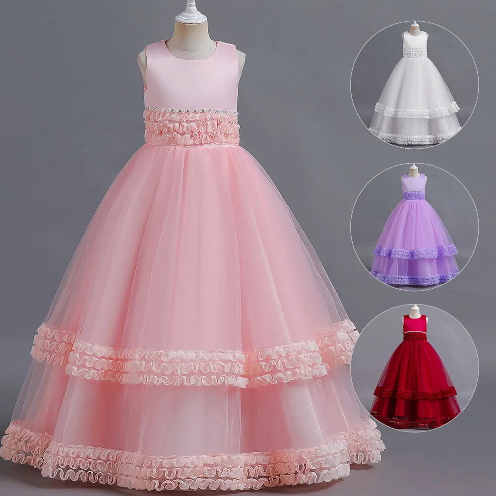 

ELBCOS 5-16T Kid Girls Solid Color No-Sleeve Flower Beading Belt Lace Cake Skirt Costumes Evening Full Dress