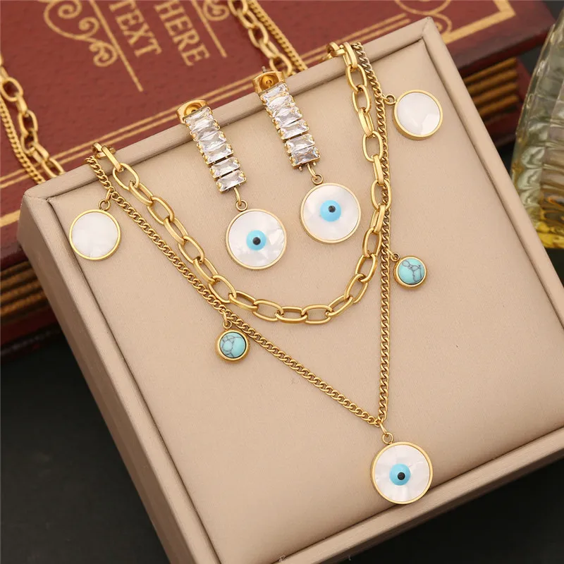 316L Stainless Steel Double Chain Türkiye Devil's Eye Shell Water Wet Bracelet Earring Necklace Jewelry Woman