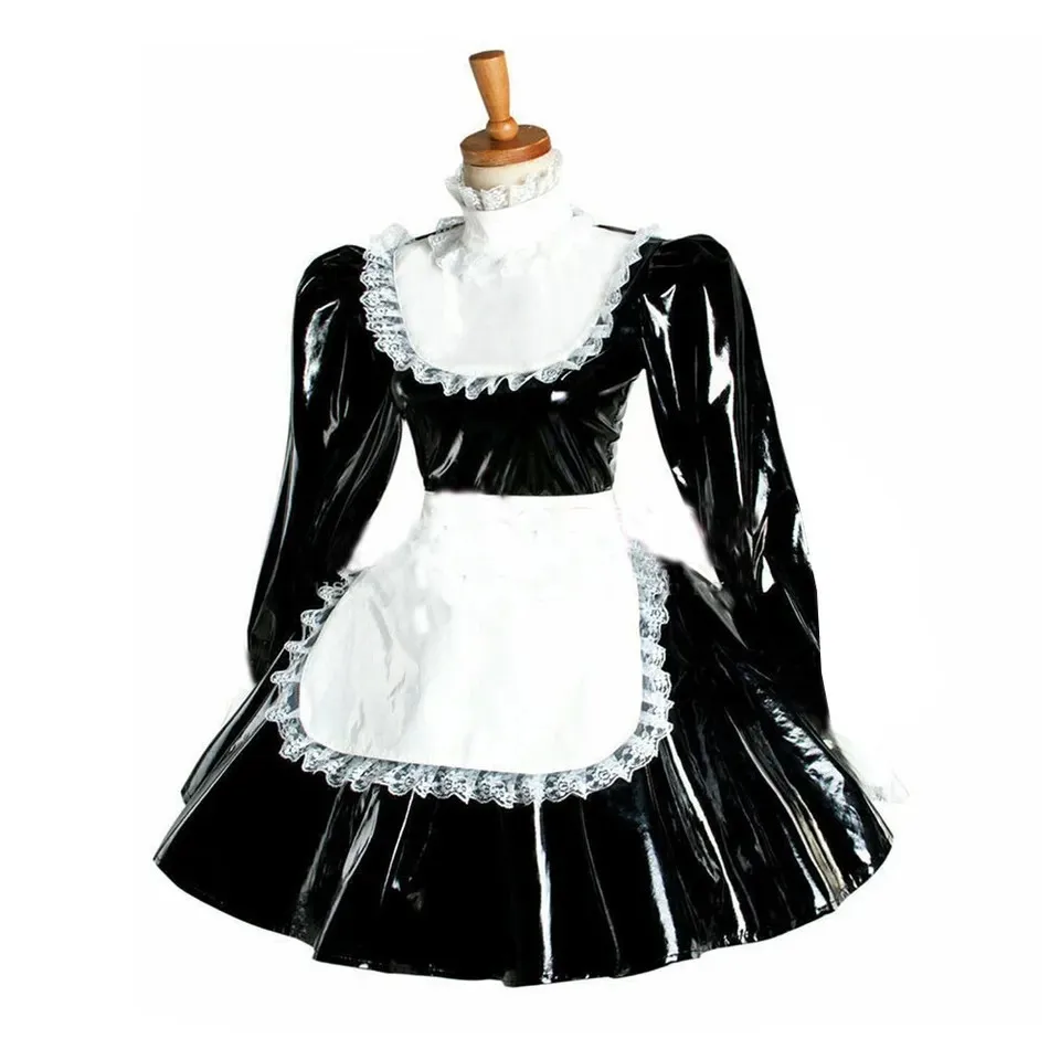 

Sissy Girly black PVC dress lockable maid cosplay costume tailored