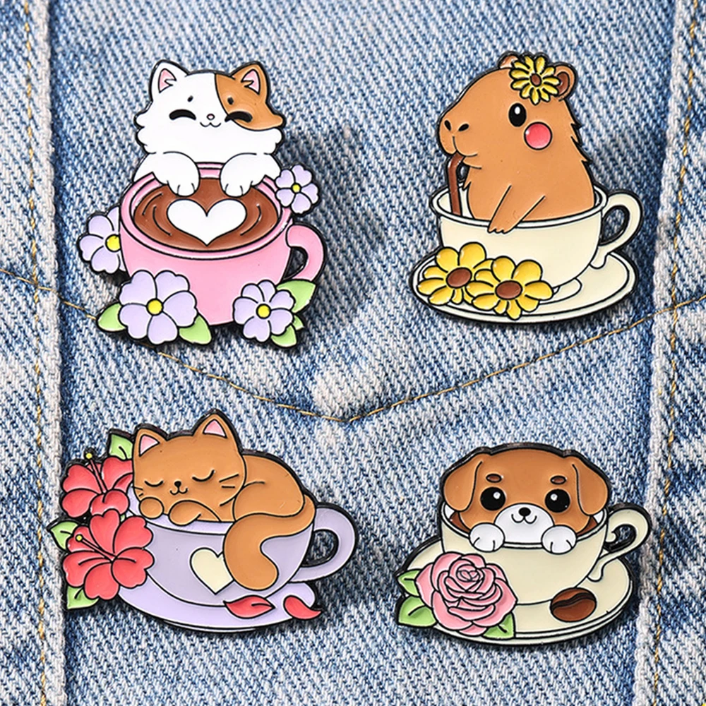 Cute Animals Coffee Cup Enamel Pins Cartoon Capibara/Cat/Dog Lapel Badges Backpack Jewelry Accessory Gifts For Coffee Lovers