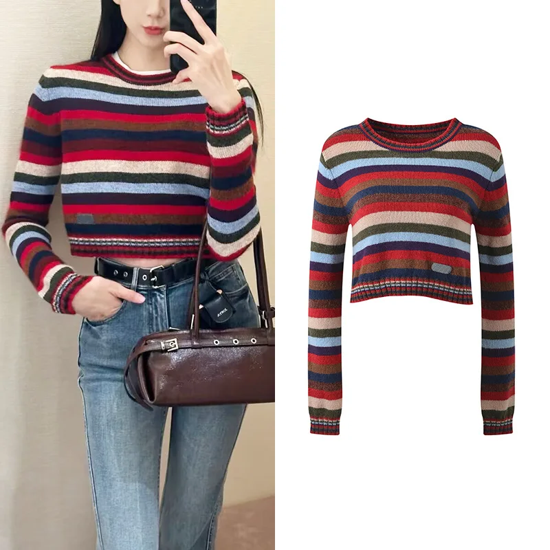 

Faionable Stripe Color Blo Трикотаж ort round Ne Long Sve Top Agel Commute Sle Bright Tead Detailed Трикотаж S...