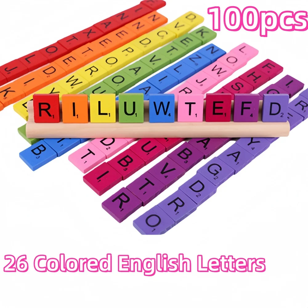 100pcs/set DIY Wooden Game English Letter Puzzle Board Game Interactive Multiple Colors Making Letter Coasters