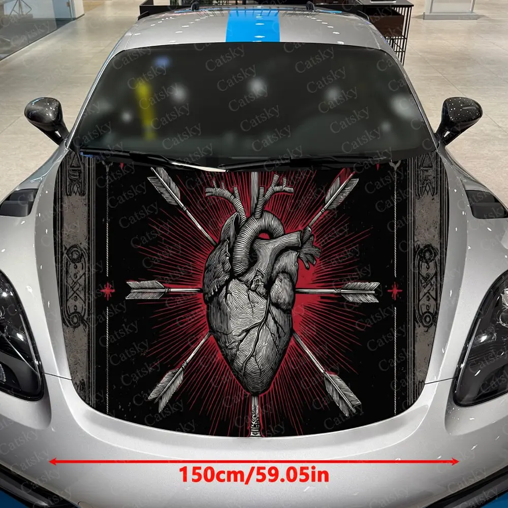 Anatomical Heart Cross Arrows Car Vinyl Wrap, PVC Waterproof Car Hood Sticker, Self-Adhesive Scratch-Resistant Stickers