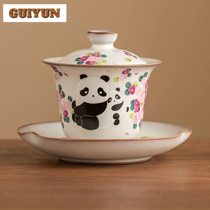 150ml Lard Frozen Lard Frozen Ru Kiln Gaiwan Cute Panda Women's Sancai Tea Tureen Handmade Tea Maker Cover Bowl Tea Ceremony