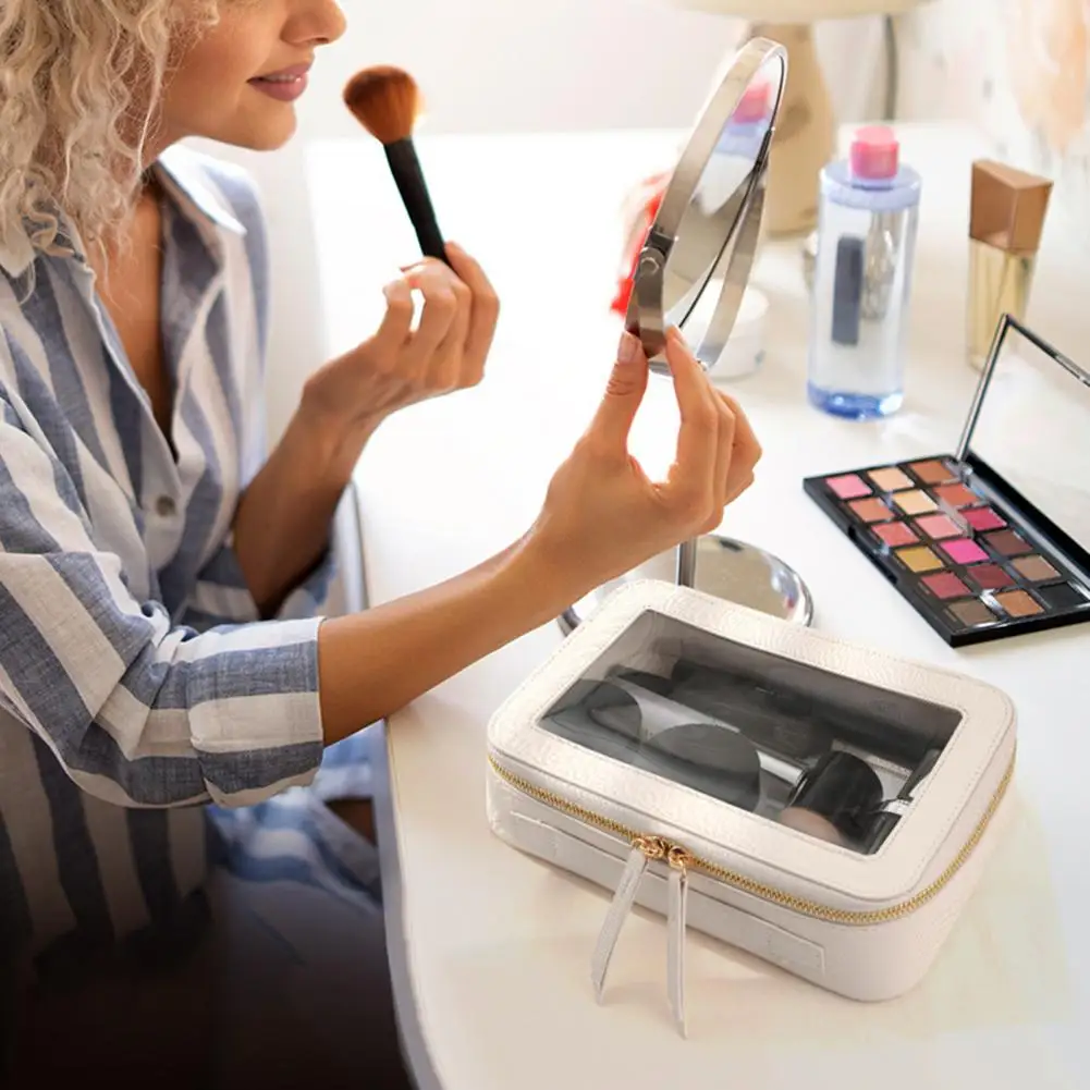 Transparent Panel Small Purse Transparent Cosmetic Bag with Dual Zipper Closure Capacity Waterproof Faux Leather Makeup