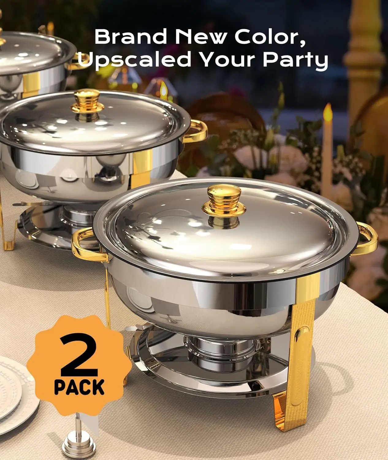 Chafing Dishes for Buffet 2 Pack, 5QT [Worry-Free Assemble] Round Chafing Dish Buffet Set [Elegant Gold and Silver Colors]