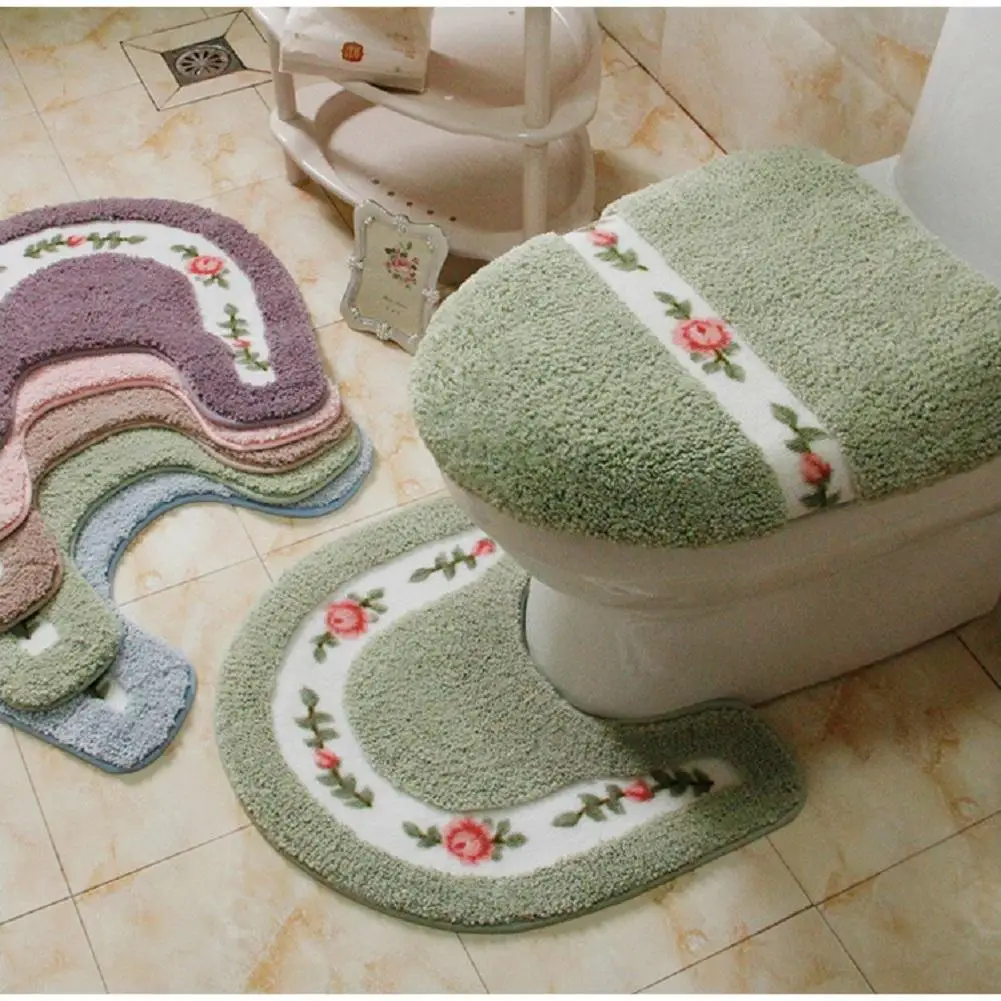 Home Living Room Bathroom Toilet Mats Set Anti Slip Rugs Bedroom Print Rug Water Absorption U Shaped Toilet Rug