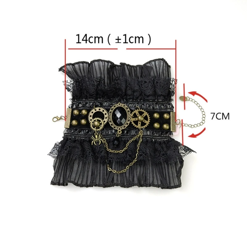 Wrist Cuffs Ruffled Layered Lace Fake Sleeve Jewelry Crystals Gear Chain Steampunk Gothic Fingerless Gloves for Dropshipping