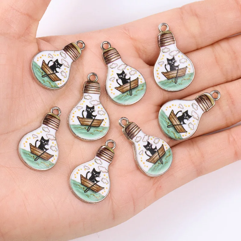 10pcs / Lot 15*25mm Silver Color Alloy Enamel Painted Cat Skull Flower Fish Bulb Pendant Dark Earrings Necklace Bracelet Jewelry