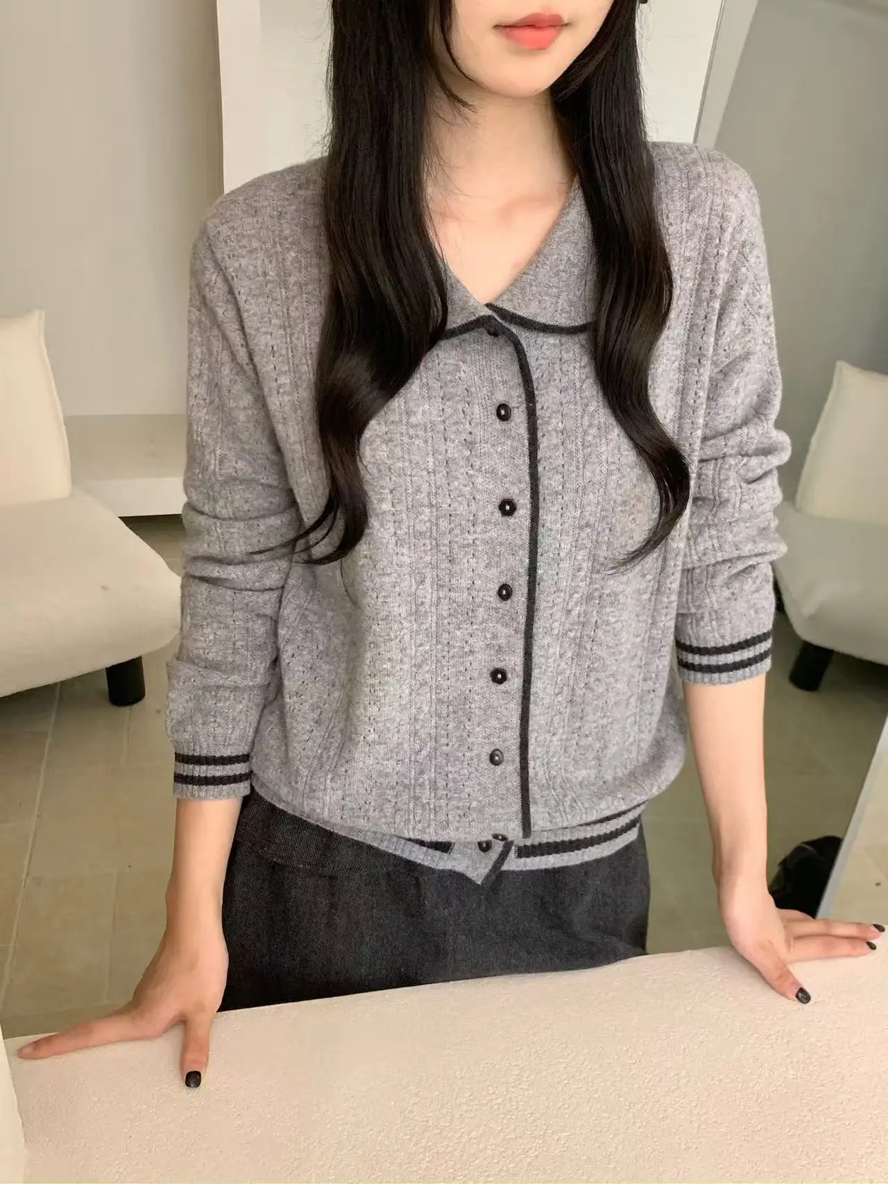 

Sweet Sle Baby Doll Collar Single Button Color Blo Slimming Autumn Sweater Cardigan Versatile Long Sve Loose Fit Women...