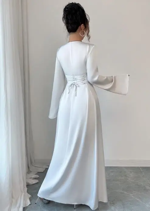 가을 캐주얼 우아한 텍스처 고급스러운 새틴 드레스, 여성용 기품 있는 슬림핏 레이스업 허리 A라인 긴 소매 드레스