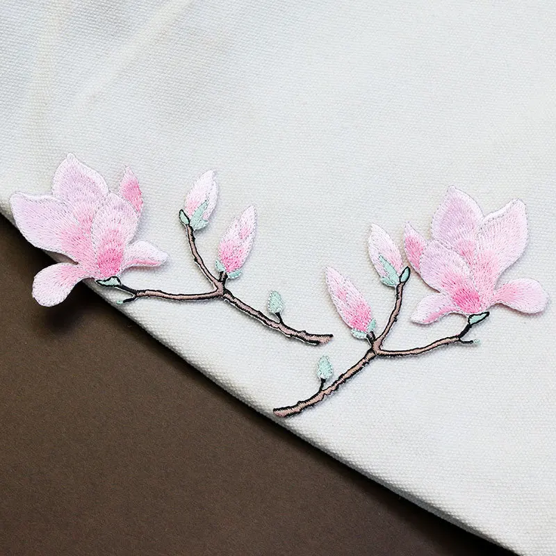 1 Pair Iron On Magnolia Floral Branch Embroidered Patches, Multi-Color Blossom Heat Transfer Appliqué for Hanfu Cheongsam Decor