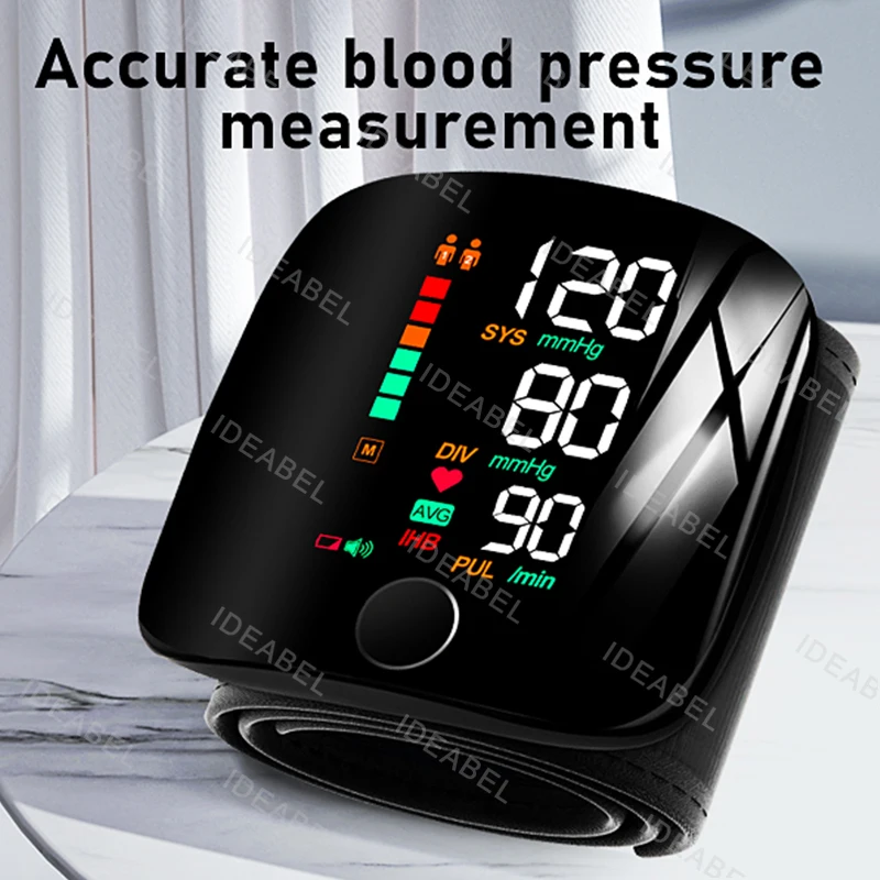Monitor de presión arterial de muñeca LED portátil con voz en inglés, tonómetro Digital recargable portátil, esfigmomanómetro, Monitor de BP