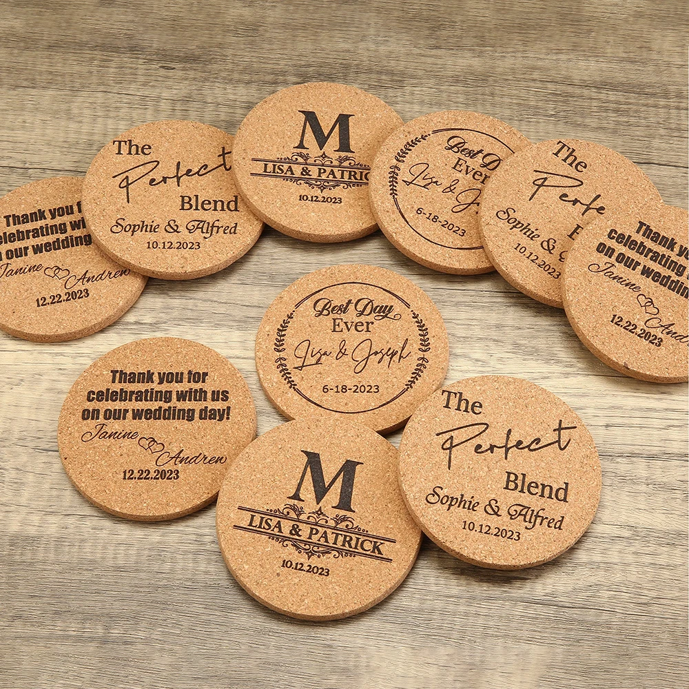 10Pcs Personalized Engraved Cork Coasters for Wedding Guests Custom Wedding Coasters Bridal Shower Birthday Party Gift