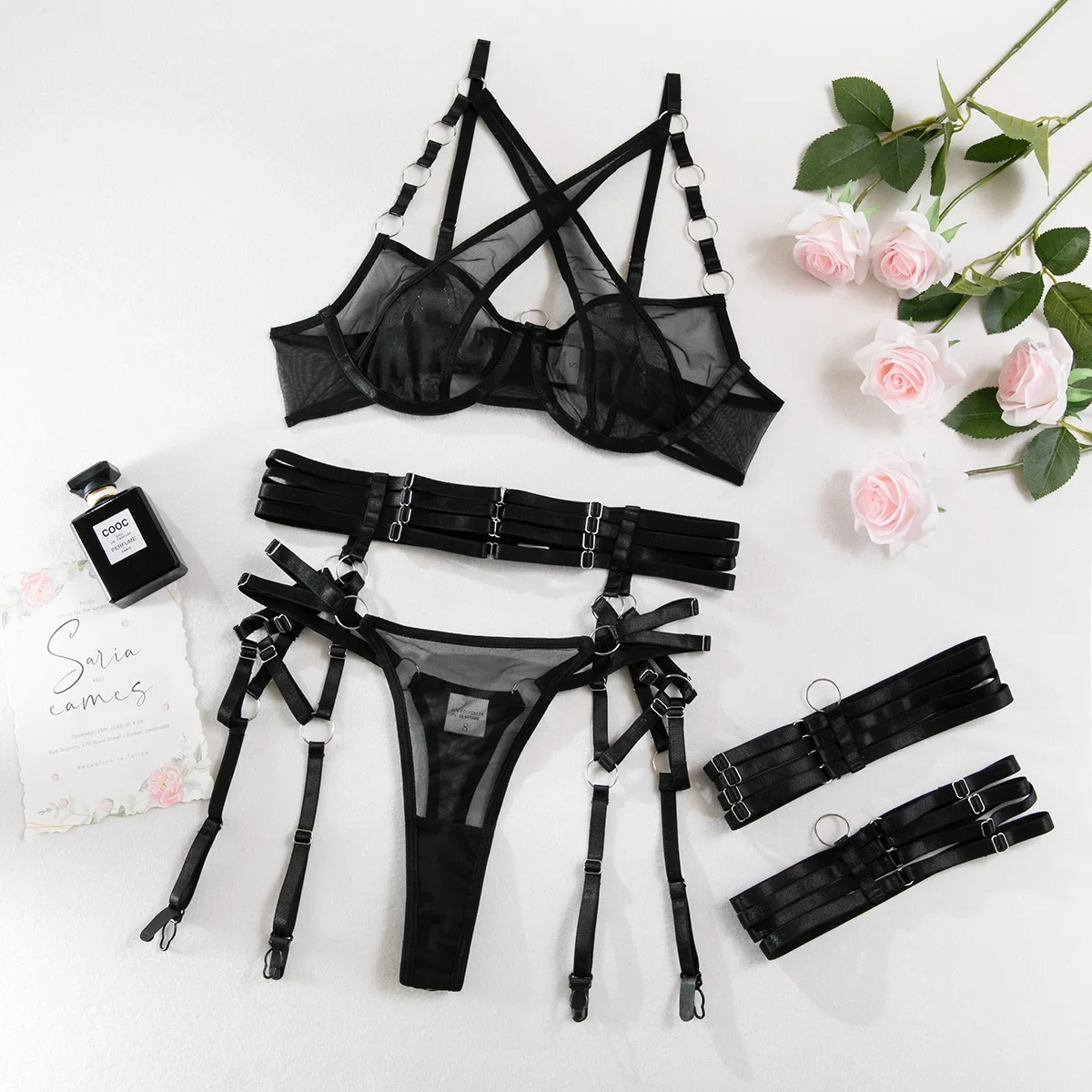 

Three Piece Hot Selling Spliced Underwear Bra with Steel Ring Sexy Contrast Color Intimates Set Women's Mesh Exotic Apparel Suit
