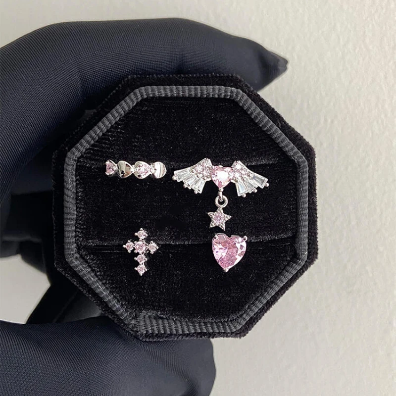 1 Pcs Pink Love Heart Wings Star Pendant Ear Bone Nail 316L Stainless Steel Piercing Earring Y2K Punk Jewelry Women Accessories