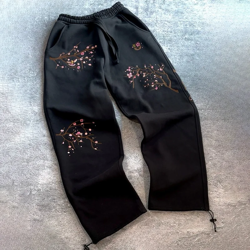 

Y2K модные удобные брюки-джоггеры с вышивкой вишневого цвета, черные повседневные спортивные штаны на шнурке для мужчин и женщин, свободная уличная одежда