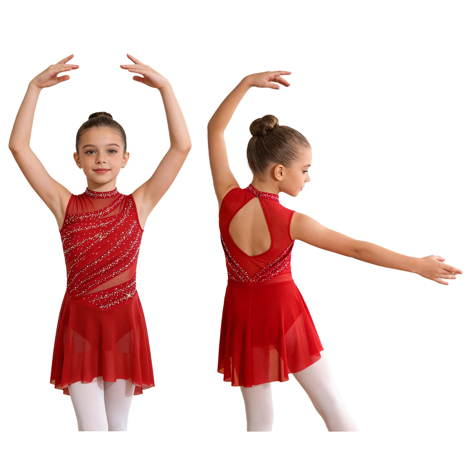 Kids Girls Ballet Lyrical Dance Dress Sleeveless Mesh Ruched Rhinestone Cutout Back Dress for Stage Performance Competition - view 2