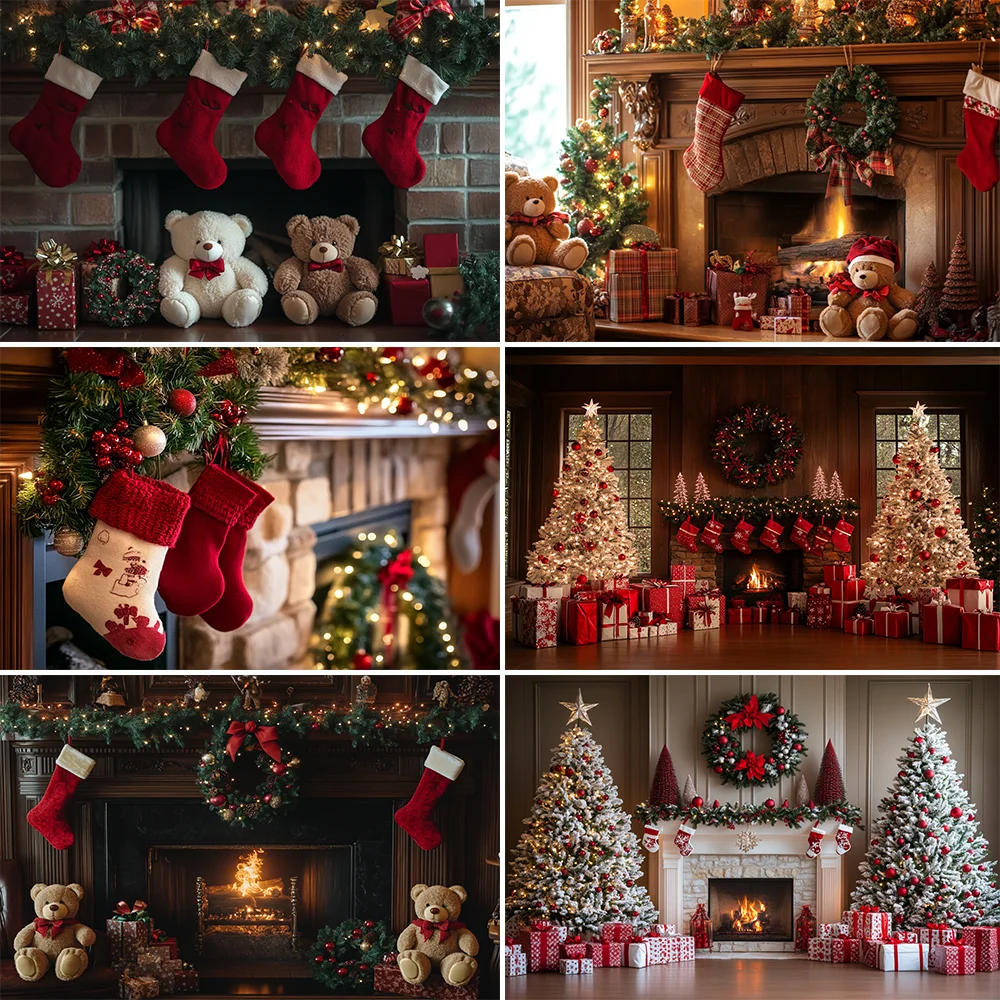 

Christmas Photography Backdrop Santa Claus Window Snow Forest Xmas Tree Red Curtain Girl Portrait Photoshoot Backdrops Props