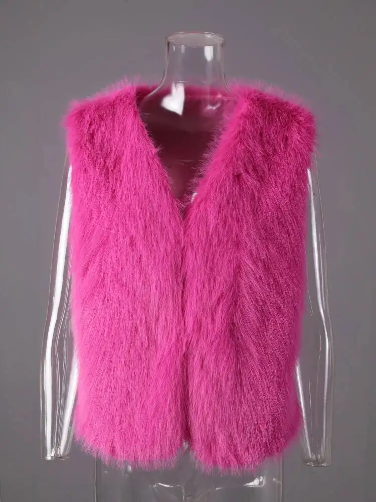 Fashion Rose Red Eco-Friendly Faux Fur Artificial Fur Vest Women's V-neck Thick Plush Waistcoat Winte fashion YCZ6 5