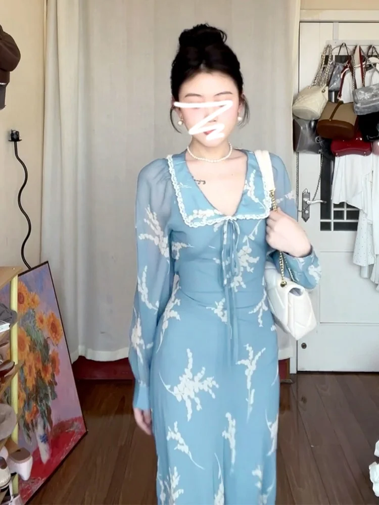 Colar de boneca longo floral azul Dr feminino primavera outono novo Sle Ele High-End Long Dr Sweet japonês Sle A-...