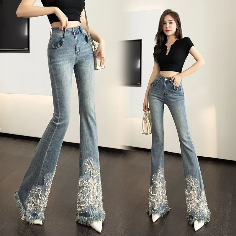 

Beading Embroidery Flower Flared Jeans Woman Tassel Skinny Denim Trousers Ladie Slim Mujer Fashion Bling Boot-Cut Pants Push Up