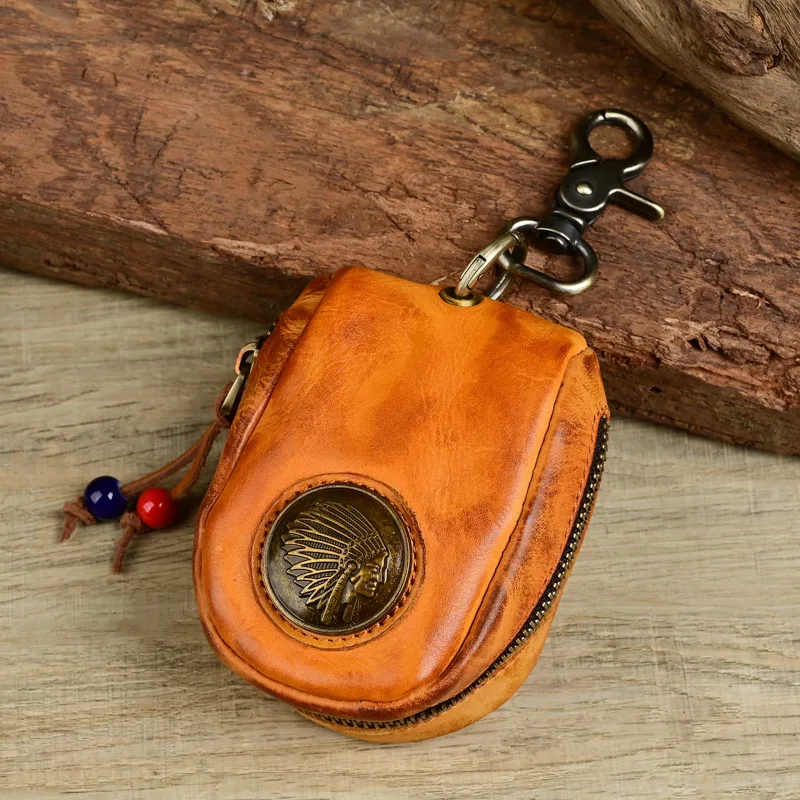 Handcrafted Vegetable Tanned Top Layer Cowhide Leather Key Holder Bag Unisex Waist Hanging Home Lock Key Storage Pouch