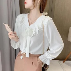 Sweet Chiffon Pleated Shirt Tops Spring Autumn New Long Sleeve V Neck Loose Bow Patchwork Blouse Fashion Elegant Women Clothing