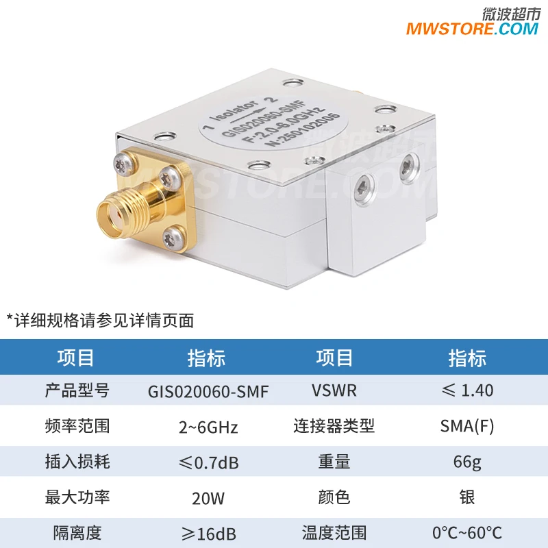 Microwave supermarket SMA female RF coaxial isolator, isolation 16dB 2-6GHz GIS020060-SMF