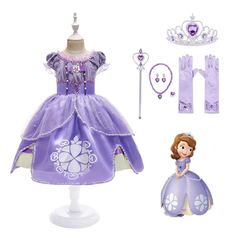 Princesa sofia vestido para meninas, traje cosplay, com manga puff, roupas de criança, festa, aniversário, plissado