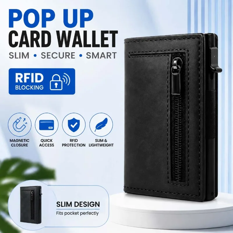Magnetic Pop‑Up Card Holder for Men, Luxury Leather Minimalist Wallet, RFID Blocking Secure Bank Credit Card Case