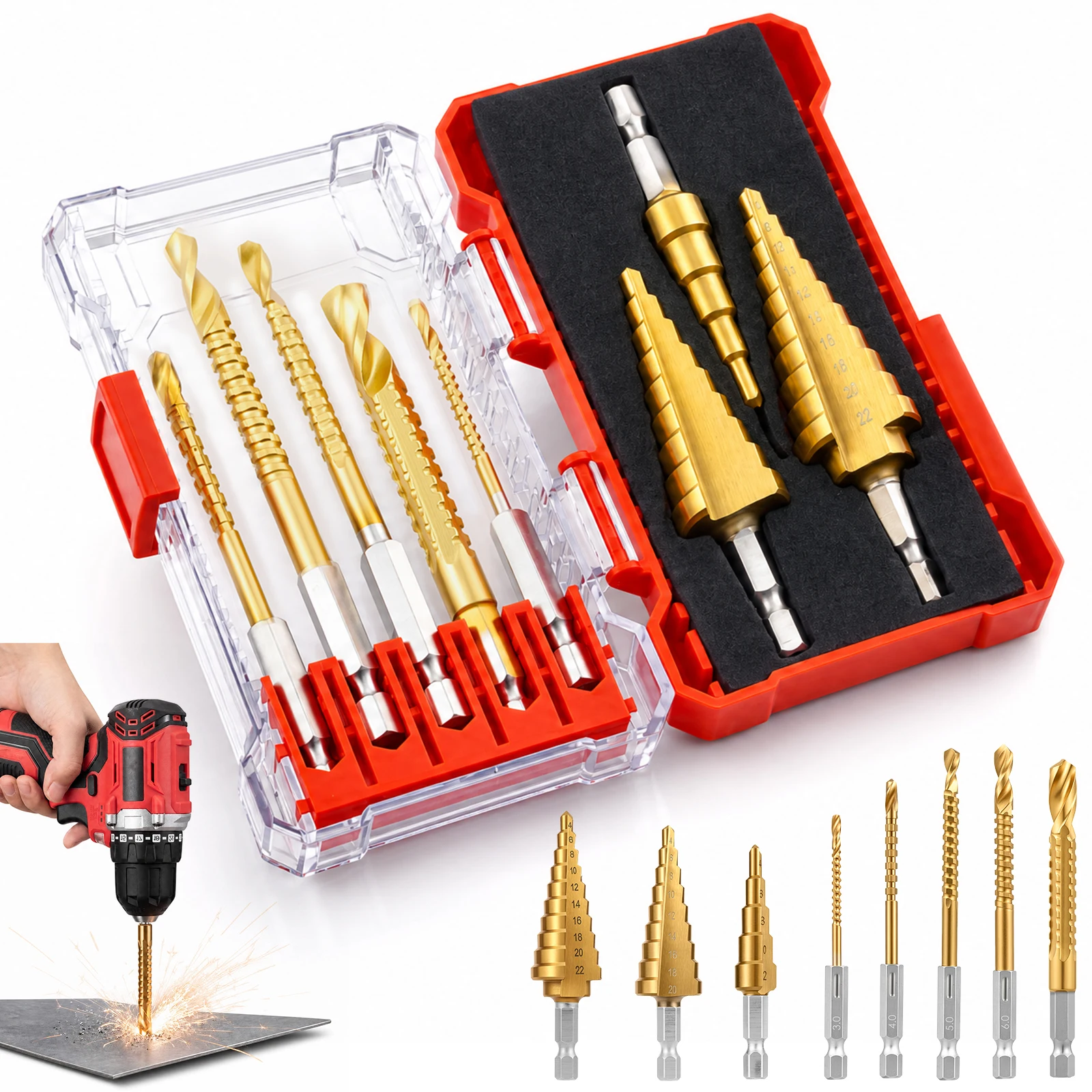 HSS Drill Bit Set 8Pcs Step Cone And Twist Saw Drill Bits For Metal Wood Aluminum Hole Cutter Hole Punching Tool With Case