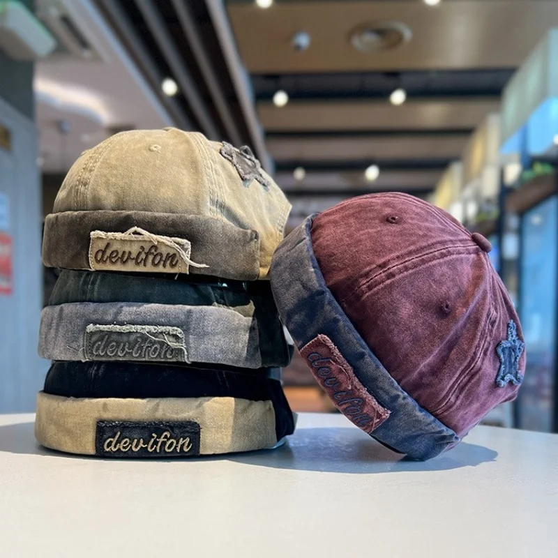 1PC Retro Washed Color Docker Cap Without Visor Star Splicing Brimless Caps Letter Adjustable Beanie Hat Vintage Style Hip Hop