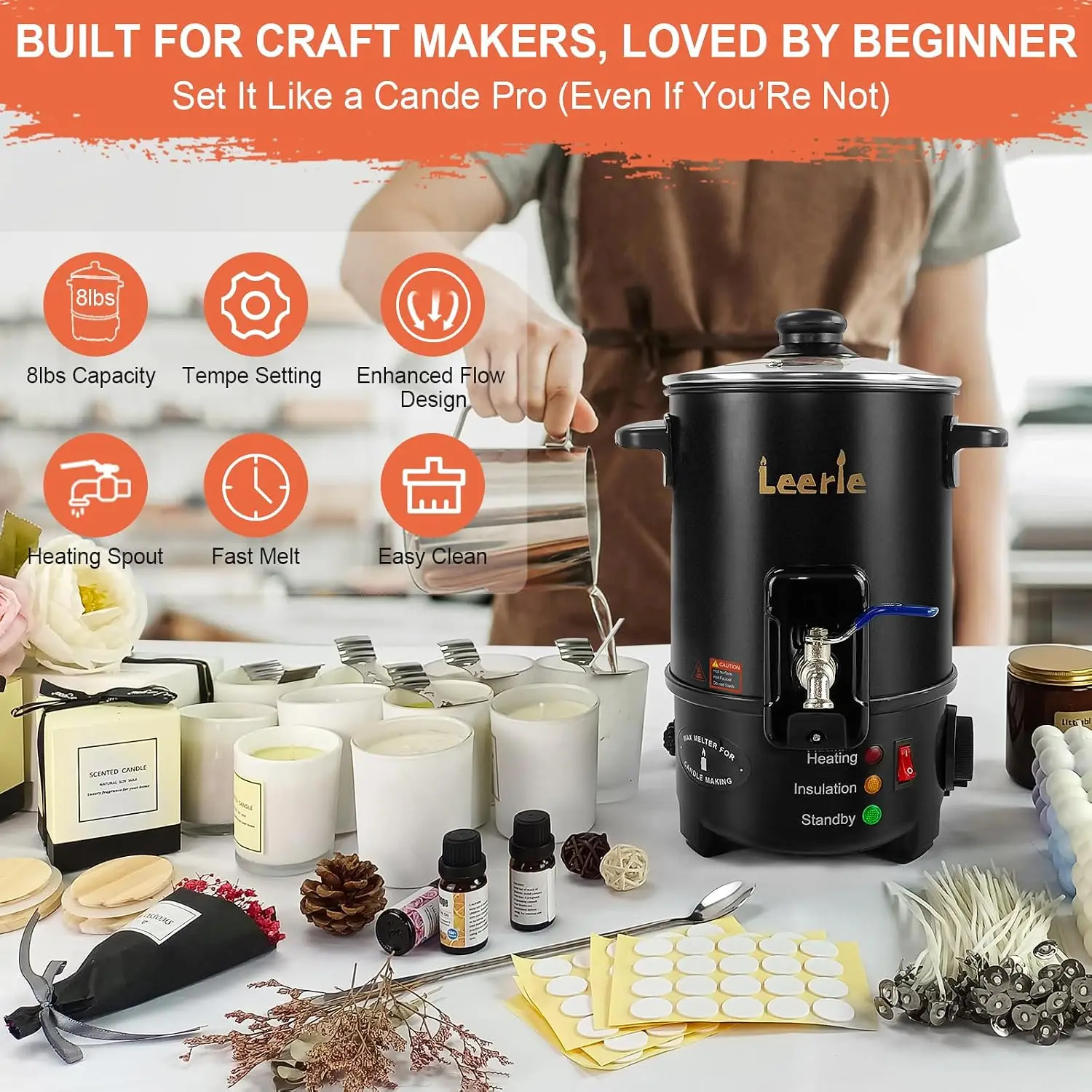M4 8Lbs Wax Melter for Candle Making – Heating Core Brass Spout & Temp Control, No Clog, Easy to Clean – Electric Wax Melting Pot for DIY Candle Makers & Beginners