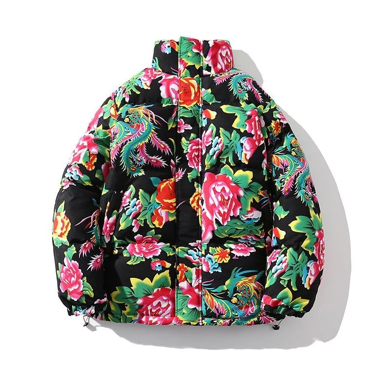 Winter Dikker Warme Jassen Mannen Noordoost Bloemenprint Retro Parkas Jassen Outdoor Chinese Mode Jas Parka Unisex Streetwear