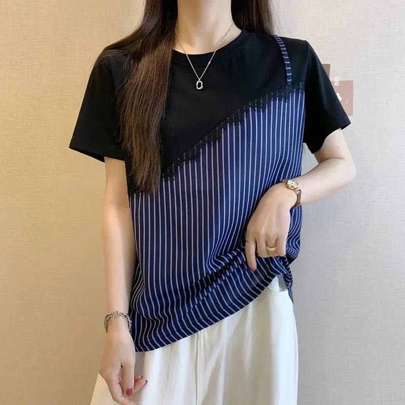 Summer Color Blocking Splicing Fake Two-piece Stylish Top for Women's Clothing Design, Slimming and Versatile Casual T-shirt