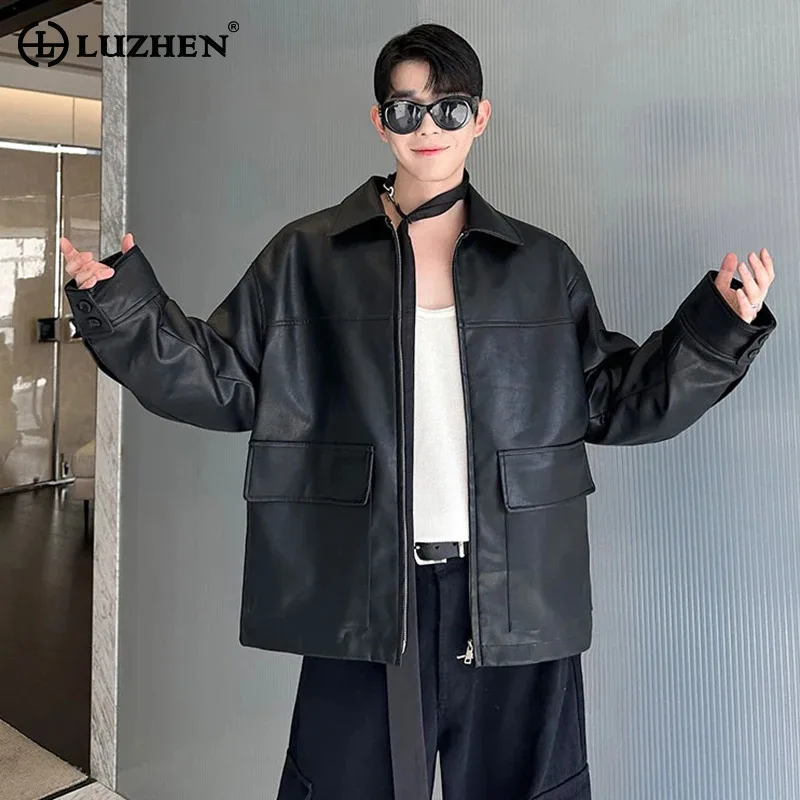 

LUZHEN Solid Color Big Pockets Design High Quality Leather Jacket Men's 2025 Autumn Elegant Handsome Loose Simple Clothes JY4145